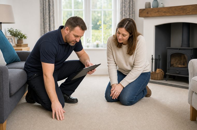 A carpet cleaning specialist discussing a personalised quote with a homeowner